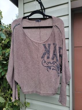 KARV Y2K Women's Brown Scoop Neck Sweater with Black Graphics And Chain Details